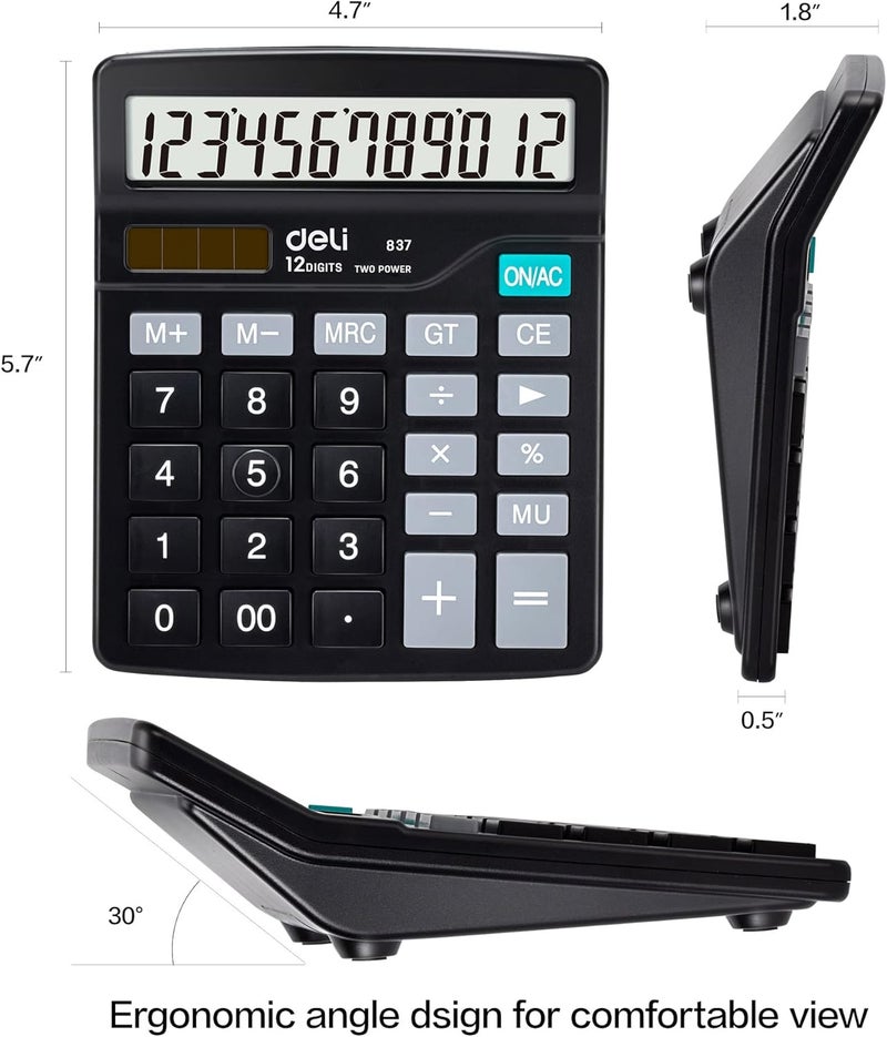 Deli Calculator, Standard Function Desktop Calculators with 12 Digit Large LCD Display and Sensitive Button, Solar Battery Dual Power Office Calculator, Black - Image 2
